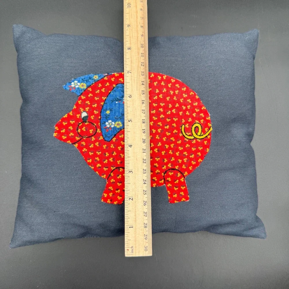 Vintage Handmade Pig Applique Throw Pillow Cottage Farmhouse Red Floral Denim